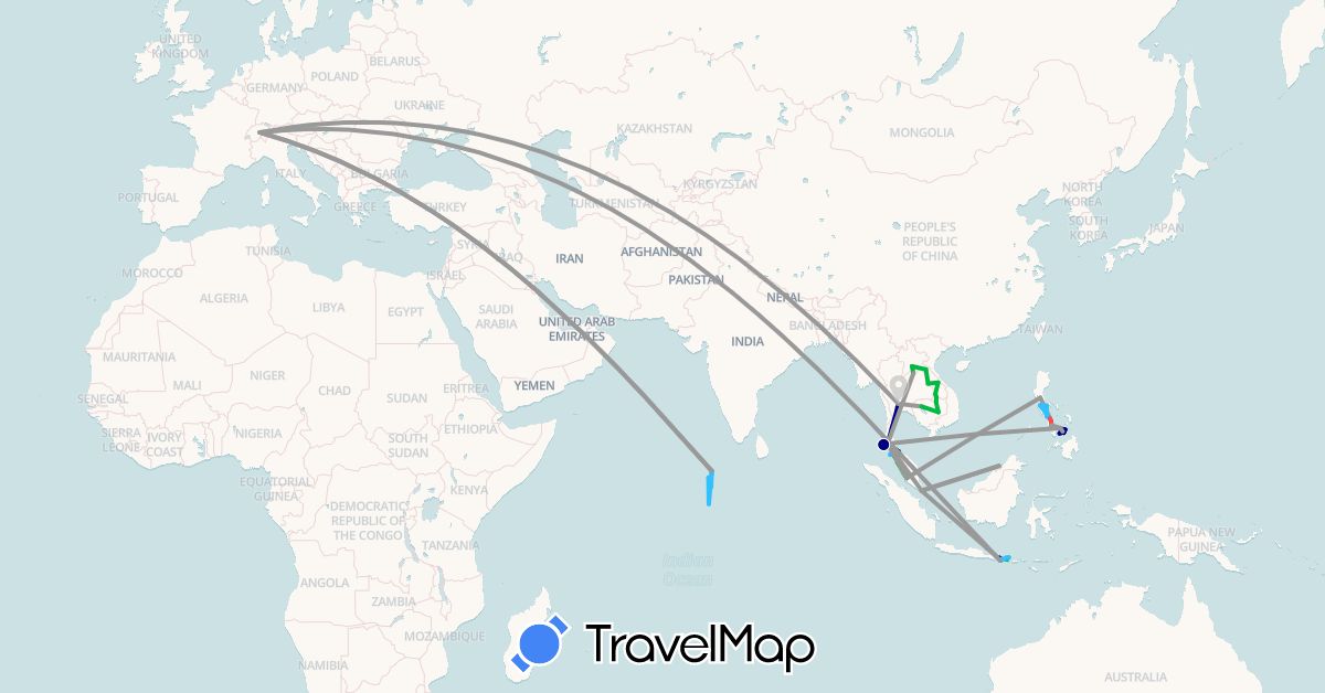 TravelMap itinerary: driving, bus, plane, hiking, boat in Brunei, Switzerland, Indonesia, Cambodia, Laos, Maldives, Malaysia, Philippines, Singapore, Thailand (Asia, Europe)